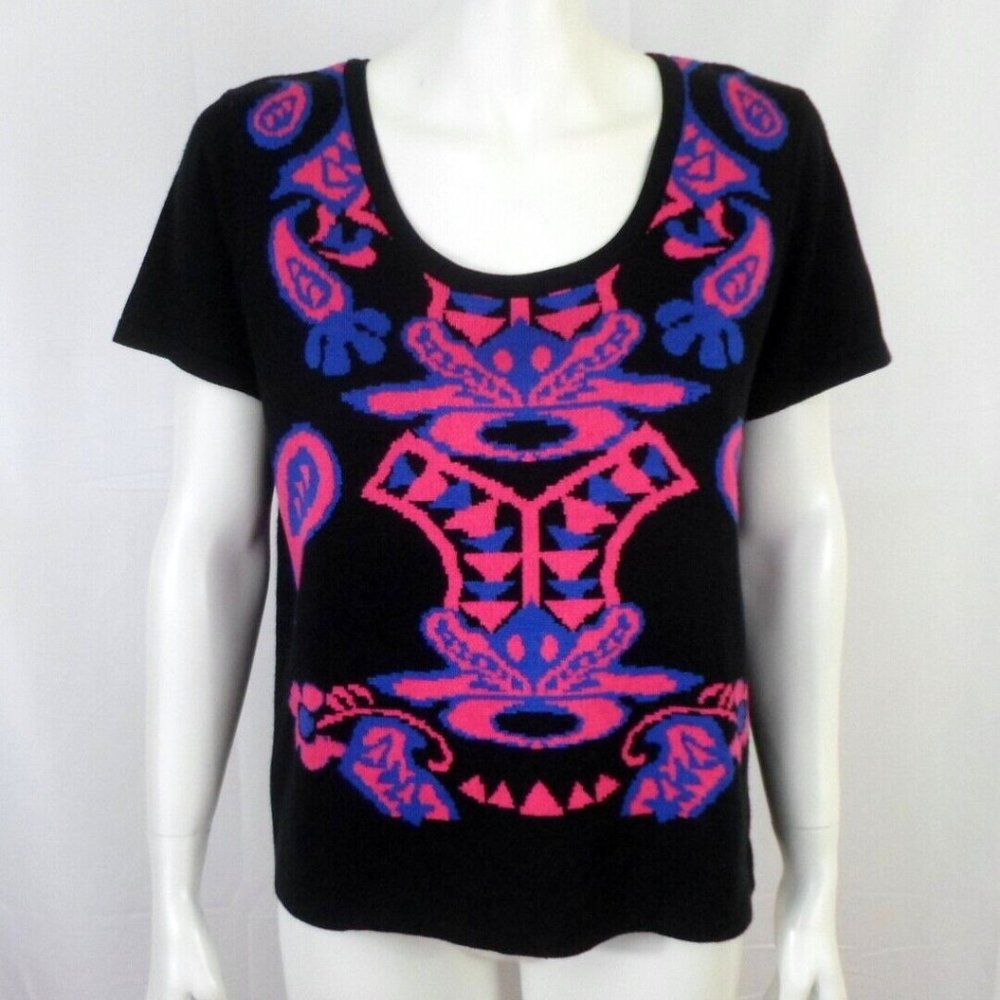 Allison Brittney Pink Blue Abstract Black Short Sleeve Cut Out Back Sweater